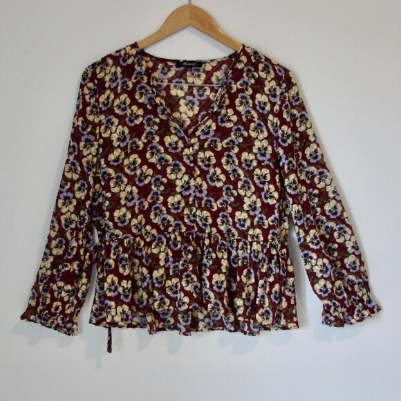 Madewell Pansy Print Blouse Viola Floral V-neck Wine Burgundy Size Medium - Picture 5 of 16